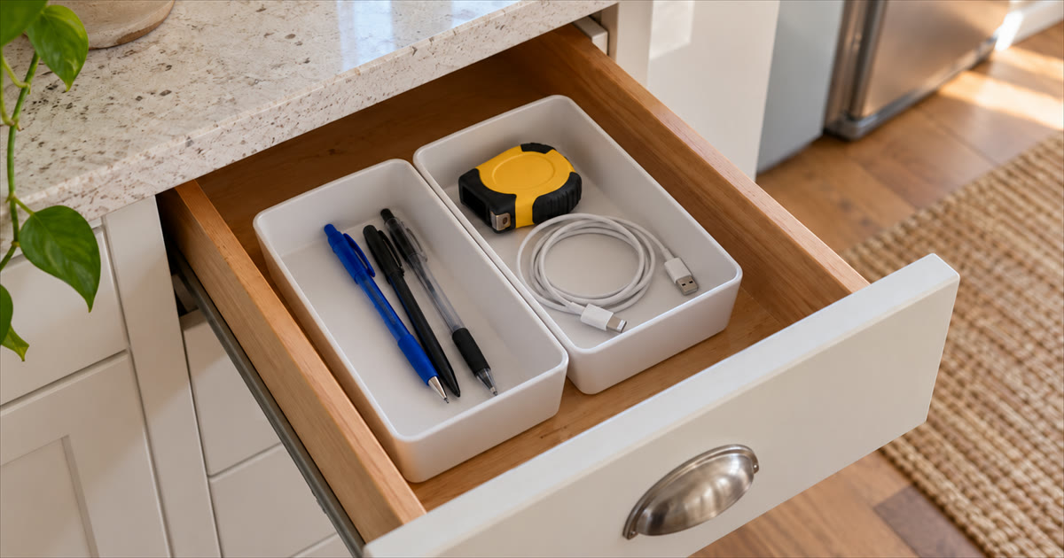 An open kitchen drawer being tidied with two small trays