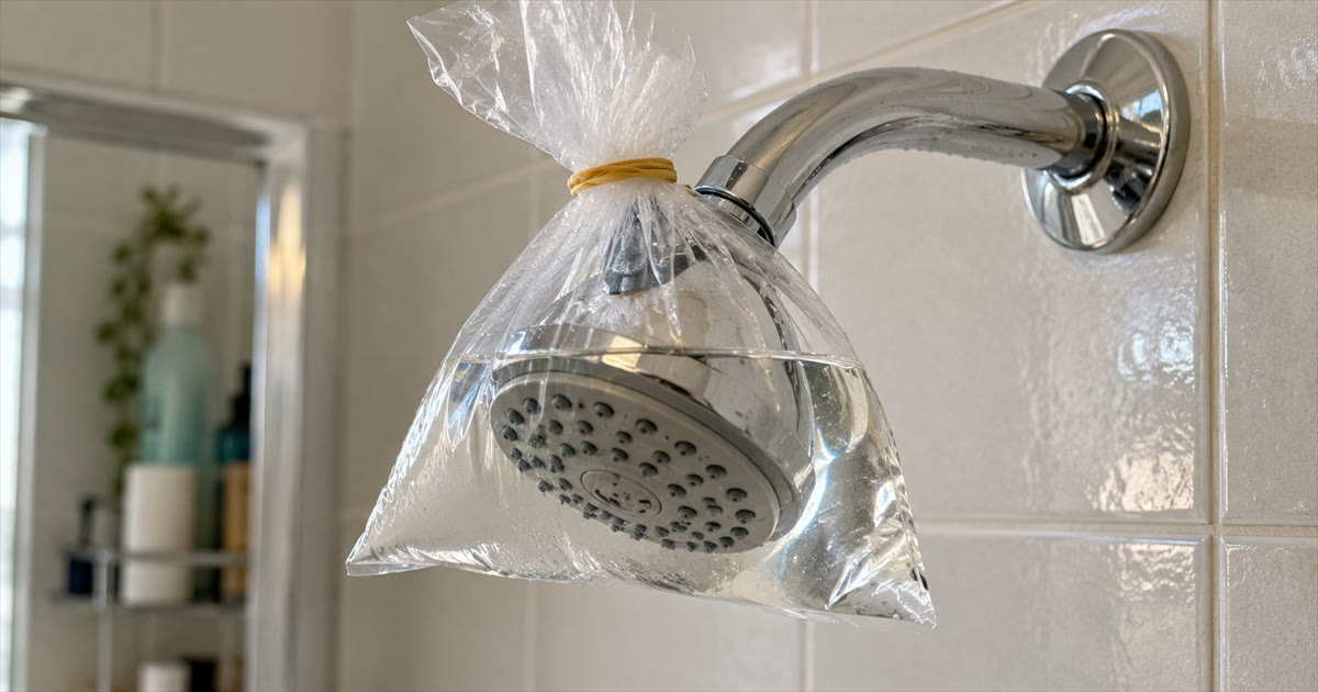 A shower head with a small bag of white vinegar tied around it
