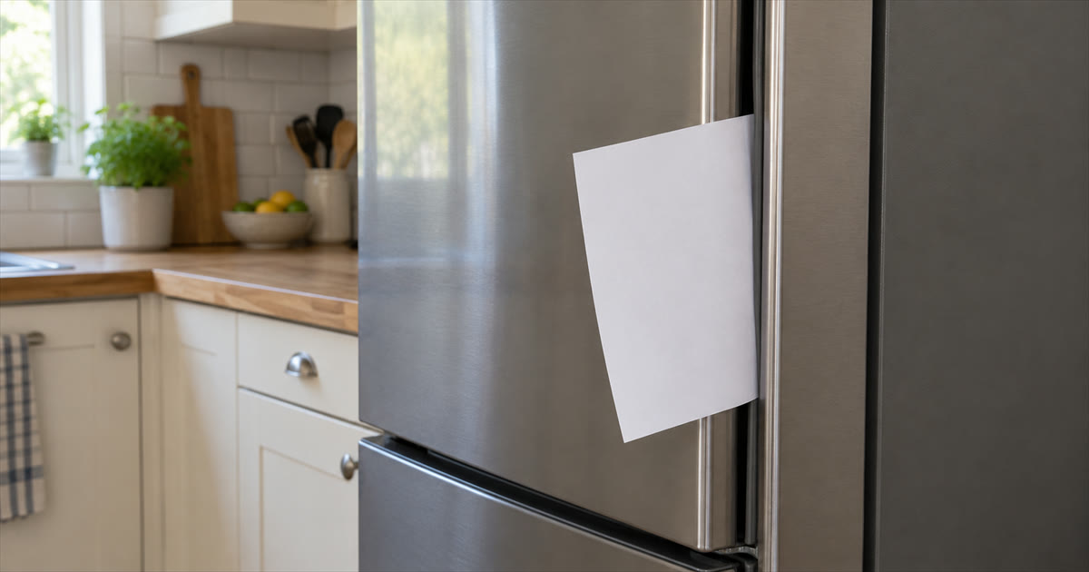 A fridge door closed on a sheet of white paper
