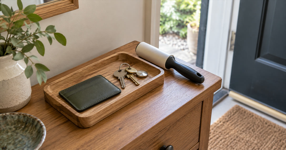 A wooden tray by a front door with keys and a card wallet, and a lint roller next to it