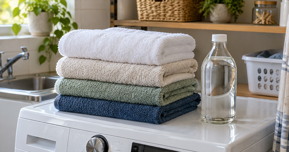 A stack of folded bath towels on a washing machine with a bottle of white vinegar